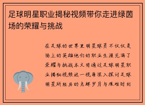 足球明星职业揭秘视频带你走进绿茵场的荣耀与挑战